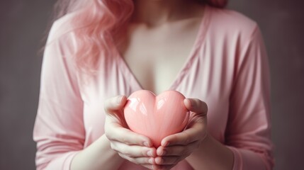 Close-up of a woman's hands holding a pink heart. Valentine's Day greeting card. A symbol of love.