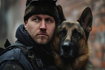 Security officer with his German Shepherd gaurd dog. 