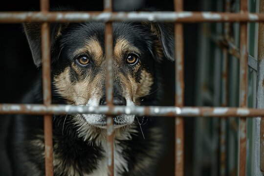 Sad dog looked in a cage waiting for adoption. 