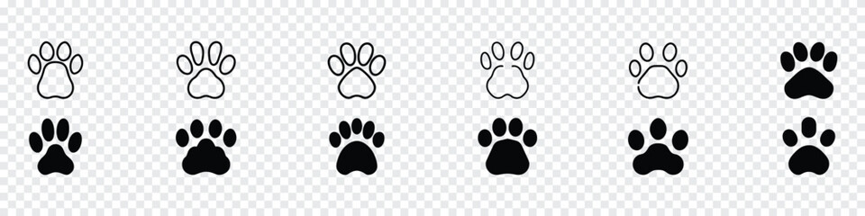 Paw icon, dog or cat paw, animal, Black silhouette of a paw print, Different animal paw. Paw Prints. Black paw. Paw icons, Paw of an animal, canine footprints. Traces of dog paws, dog paws - obrazy, fototapety, plakaty