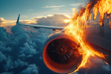 Fire caught fire in airplane engine during flight due to a faulty engine AI Generation - obrazy, fototapety, plakaty