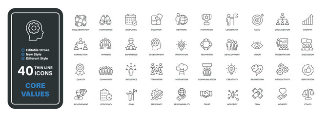 Core value minimal thin line icons. Related responsibility, integrity, passion, innovation. Editable stroke. Vector illustration.