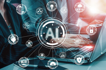 AI Learning and Artificial Intelligence Concept - Icon Graphic Interface showing computer, machine thinking and AI Artificial Intelligence of Digital Robotic Devices. uds