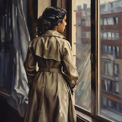 Fashionable african-american young woman in trench coat looking out the window.  1970's style retro wallpaper	