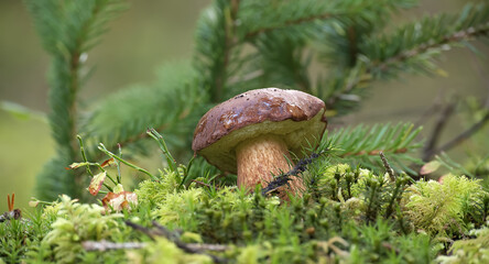Pinewood king bolete mushroom growing amidst the moss