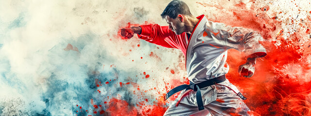 martial artist in a white and red gi, throwing a punch with intense focus, against an explosive backdrop of red and white smoke.