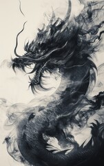 Fototapeta premium ancient dragon in traditional Chinese black ink style, with exaggerated perspective for a breathtaking shot