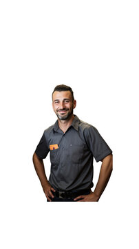 A male liquor store employee stands smiling, looking at the camera, full body on a transparent background.