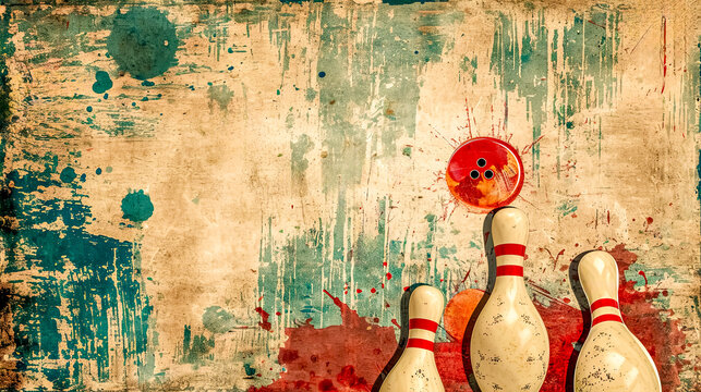 Artistic representation of a red bowling ball and white pins with red stripes on a vintage, paint-splattered background with a blend of beige, green, and red hues.