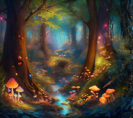 : Fantasy and fairytale magical forest pathway with mushrooms in purple and golden light lighting - obrazy, fototapety, plakaty
