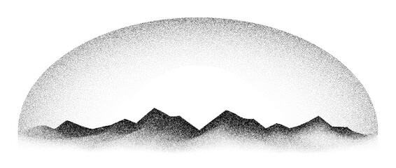 Grain stippled mountain range. Dotted landscape terrain silhouette. Black white grainy hill chain. Grunge noise textured background. Pointillism texture wallpaper. Vector dot work style illustration © vika_k