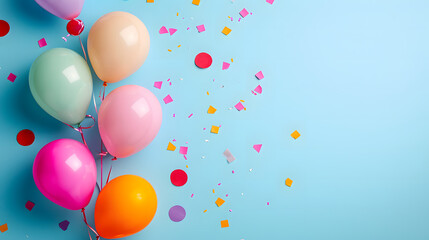 A festive heart-shaped balloon surrounded by a vibrant group of party supplies and confetti creates a whimsical atmosphere perfect for any celebration