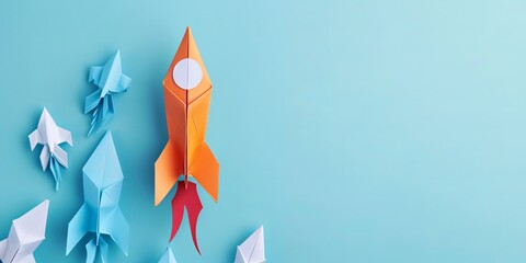 leadership success business concept rocket paper fly over color background lead rocket stand out of other paper rocket follower - obrazy, fototapety, plakaty