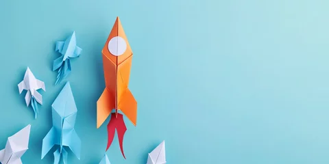 Foto op Canvas leadership success business concept rocket paper fly over color background lead rocket stand out of other paper rocket follower © BackgroundWorld