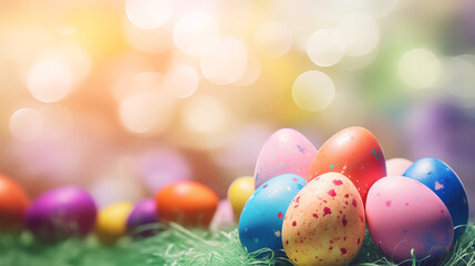 Fototapeta na wymiar Colorful Easter eggs wallpaper, blurred and bokeh background, Easter festival concept