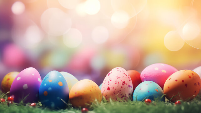 Colorful Easter eggs wallpaper with blurred and bokeh background, Easter festival concept, close up