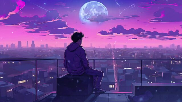 Cityscape Gazer Perched on Skyscraper's Edge under Moonlight