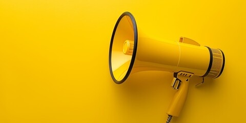 Yellow megaphone or bullhorn with lines over yellow background, marketing announcement - obrazy, fototapety, plakaty