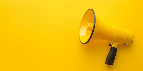 Yellow megaphone or bullhorn with lines over yellow background, marketing announcement