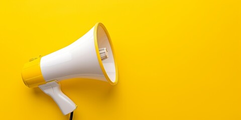 Yellow megaphone or bullhorn with lines over yellow background, marketing announcement - obrazy, fototapety, plakaty