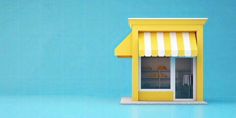 3d yellow white booth shop icon or empty retail store front with striped awning isolated on blue - obrazy, fototapety, plakaty