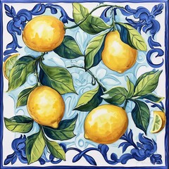 Mediterranean Italian tile with blue ornament, plants and basil leaves and yellow lemons, painted with paints
