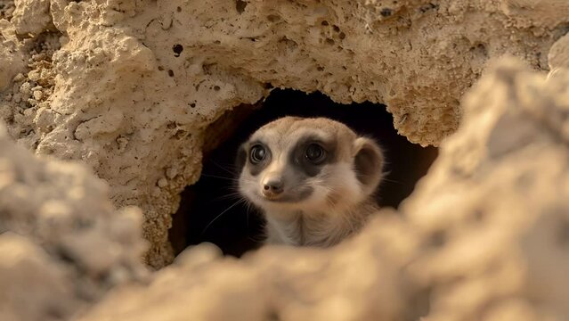 Closeup of a meerkat popping its head out of a burrow checking to see if the coast is clear before retreating back underground with a quick flick of its tail