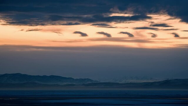 Timelapse of Kelvin-Helmholtz clouds moving through the sky over frozen Utah Lake during the winter.