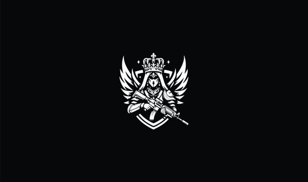 queen vector logo with ak47 shield badge logo, crown, face mask logo, girl crown,