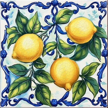 Mediterranean Italian tile with blue ornament, plants and basil leaves and yellow lemons, painted with paints