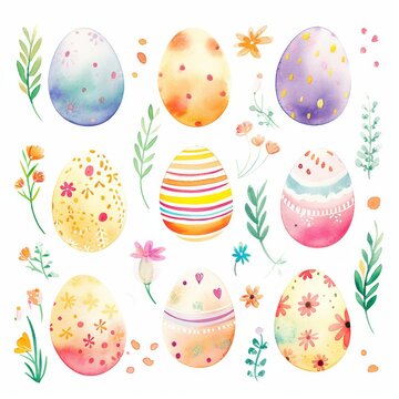 Adorable easter eggs with stripes, watercolor hand drawn, clipart, chic and intricate hand drawing, isolated with good margin on a white background