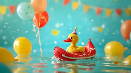 Foto op Canvas A whimsical rubber ducky sets sail on a boat adorned with colorful balloons, floating merrily on the water while bringing a touch of childhood joy to the scene © Daniel
