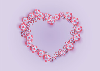 Beautiful Heart Made of Pink Paper Cut Flowers Background, Flat Lay. Space for Text