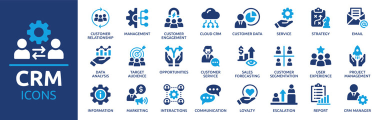 Customer relationship management CRM icon set. Containing marketing, data, report, strategy, manager, audience and more. Solid vector icons collection. - obrazy, fototapety, plakaty