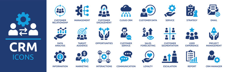 Customer relationship management CRM icon set. Containing marketing, data, report, strategy, manager, audience and more. Solid vector icons collection.