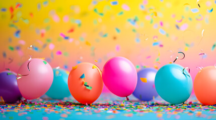 Fototapeta na wymiar Colorful balloons and confetti bring a festive touch to this easter celebration, creating a vibrant atmosphere for the perfect party supply
