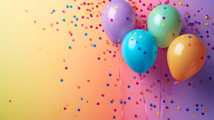A colorful display of celebration, as a bouquet of balloons floats above a scattered sea of confetti