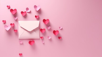 Love Letter Envelope with Paper Craft Hearts on Minimalist Pink Background, Copy Space, Valentine

