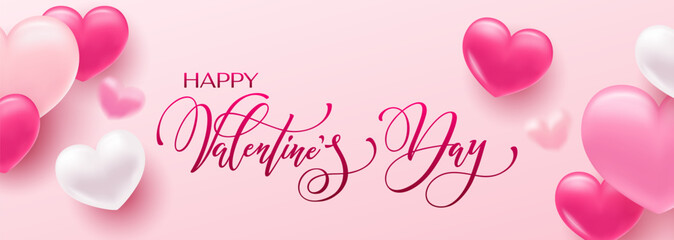 Fototapeta na wymiar Happy Valentine's Day hand lettering vector. With a beautiful background of 3D hearts. Vector illustration. Text for a card or invitation.