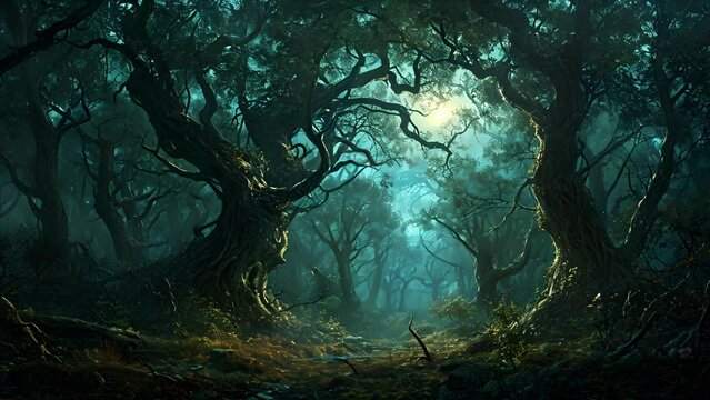 As night falls in the dark enchanted forest, the trees come to life with whispers and creaks, their haunting songs serving as a warning to those who dare venture too deeply Fantasy animatio