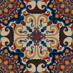Seamless ethnic tribal mandala pattern used for printed fabric and wallpaper.