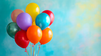 Vibrant aircraft of color, a string of party supplies transports the imagination with a bouquet of colorful balloons - obrazy, fototapety, plakaty