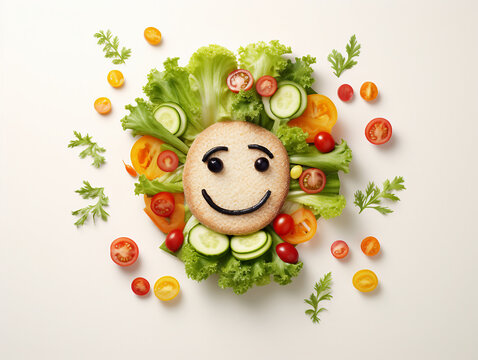 A face smiling with salad ingredients. healthy foods illustration