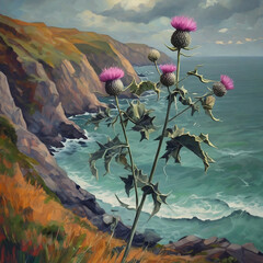 Illustration of a thistle growing on a cliff by the sea