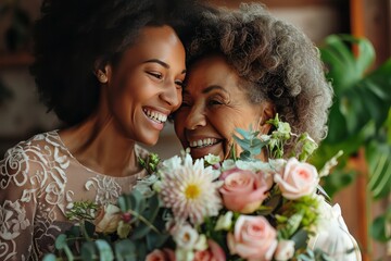 Image of an adult daughter surprising her mother with a bouquet of her favorite flowers, their smiles radiating happiness 