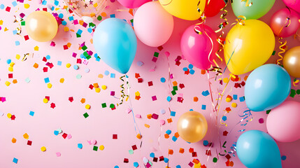 A vibrant burst of celebration fills the air as colorful balloons, sweet candy, and confetti adorn the party supplies