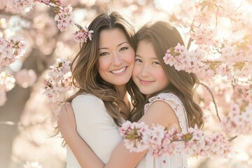Fototapeta premium Mother and daughter embracing under cherry blossoms Soft, diffused light Joyful, Spring, Blossoms 