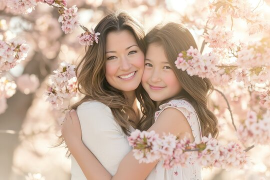 Mother and daughter embracing under cherry blossoms Soft, diffused light Joyful, Spring, Blossoms 