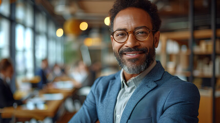 Obraz premium Close-up view of a smiling and confident African American male business executive - CEO - Professor - Office worker - blurred background - motivated black professional 