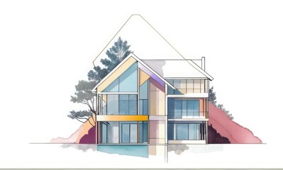 repository watercolor sketch of Residential House. Spring watercolor effect. Watercolor house or buildings   - obrazy, fototapety, plakaty